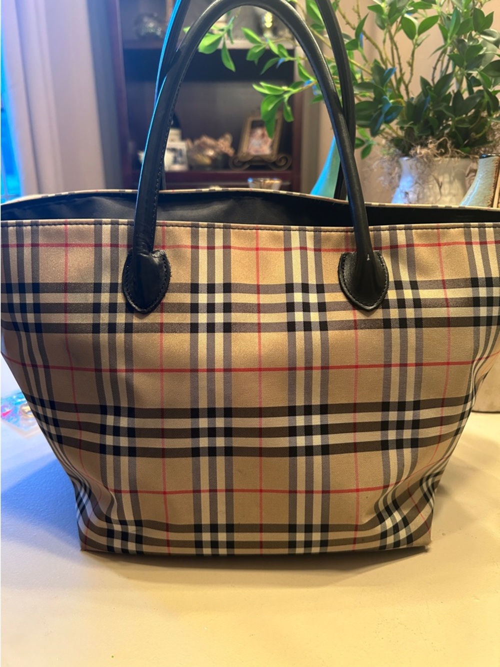 Classic Burberry’s Plaid Tote Bag with Black Trim 15x18 double zipper top!
